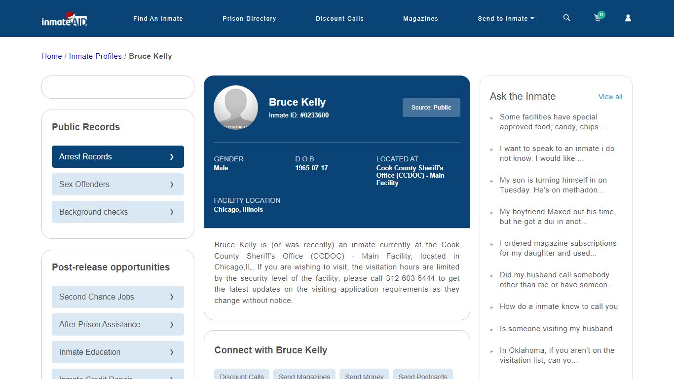 Inmate Search: Bruce Kelly 0233600, Chicago, Illinois